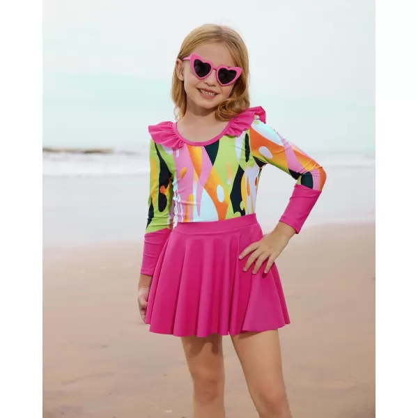 GRACE KARIN Girl Rash Guard Swimsuit Long Sleeve 2Piece Swimwear Set 512 YearsRose Red Color Blocks