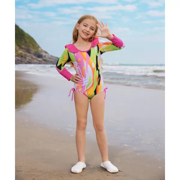 GRACE KARIN Girl Rash Guard Swimsuit Long Sleeve 2Piece Swimwear Set 512 YearsRose Red Color Blocks