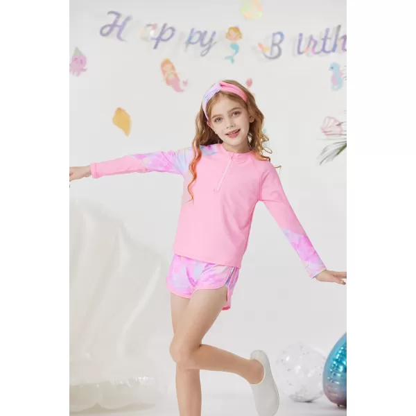 GRACE KARIN Girl Rash Guard Swimsuit Set Long Sleeve 4 Piece Swimwear Suit 512YPink Memaid