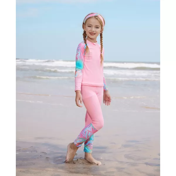 GRACE KARIN Girl Rash Guard Swimsuit Set Long Sleeve 4 Piece Swimwear Suit 512YPink Plant