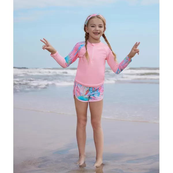 GRACE KARIN Girl Rash Guard Swimsuit Set Long Sleeve 4 Piece Swimwear Suit 512YPink Plant