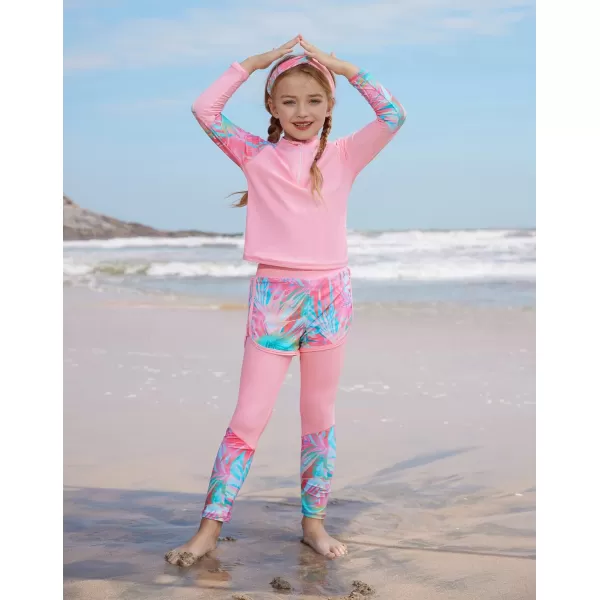 GRACE KARIN Girl Rash Guard Swimsuit Set Long Sleeve 4 Piece Swimwear Suit 512YPink Plant