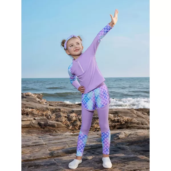 GRACE KARIN Girl Rash Guard Swimsuit Set Long Sleeve 4 Piece Swimwear Suit 512YPurple Memaid