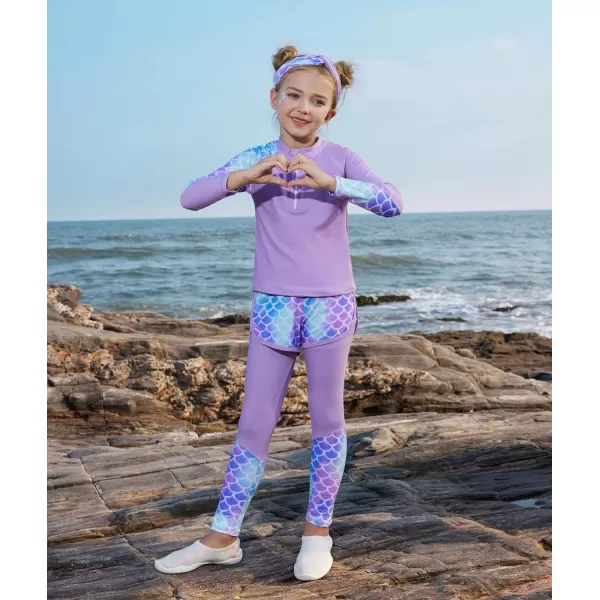 GRACE KARIN Girl Rash Guard Swimsuit Set Long Sleeve 4 Piece Swimwear Suit 512YPurple Memaid