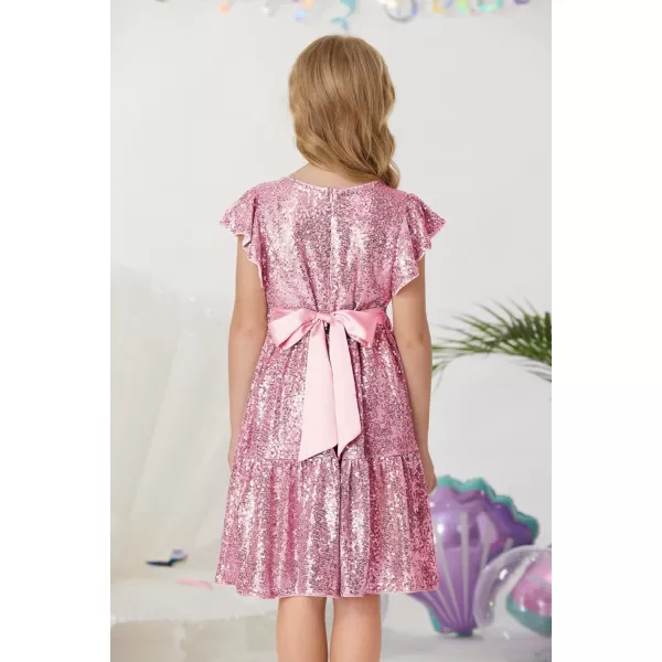 GRACE KARIN Girl Sequin Dress Ruffle Sleeve ALine Holiday Party Dress 512YearsPink