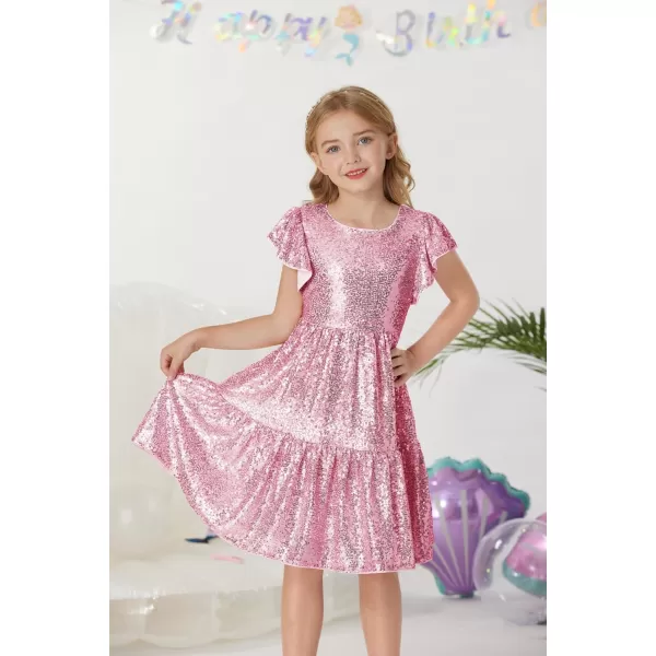 GRACE KARIN Girl Sequin Dress Ruffle Sleeve ALine Holiday Party Dress 512YearsPink