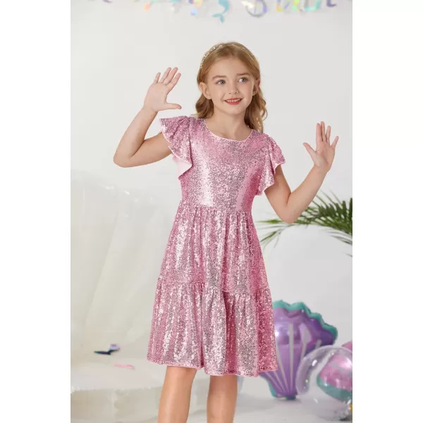 GRACE KARIN Girl Sequin Dress Ruffle Sleeve ALine Holiday Party Dress 512YearsPink