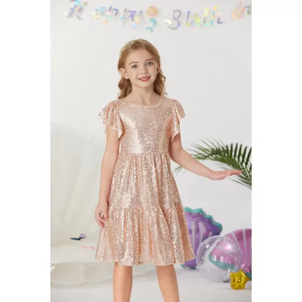 GRACE KARIN Girl Sequin Dress Ruffle Sleeve ALine Holiday Party Dress 512YearsRose Gold