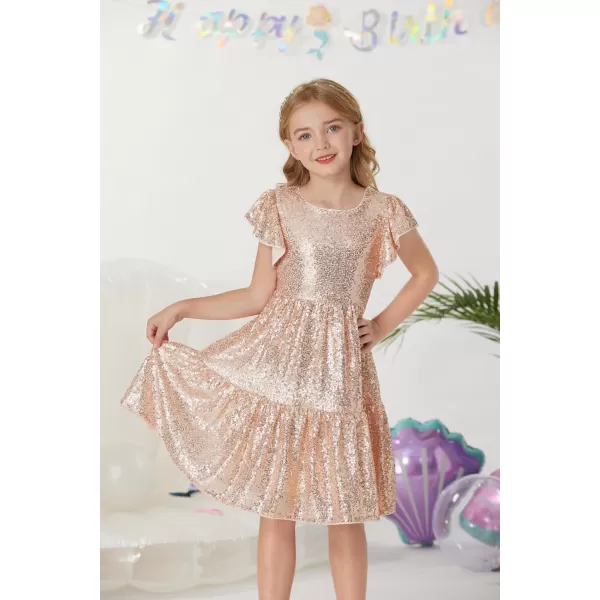 GRACE KARIN Girl Sequin Dress Ruffle Sleeve ALine Holiday Party Dress 512YearsRose Gold