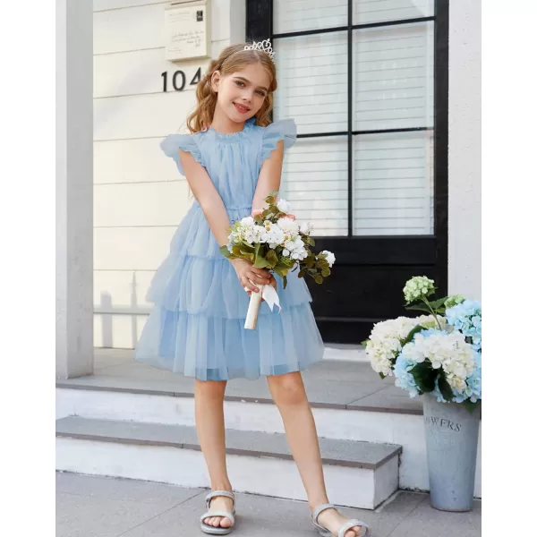 GRACE KARIN Girl Summer Ruffle Dress Birthday Party Tiered Tulle Dress Size 512Light Blue