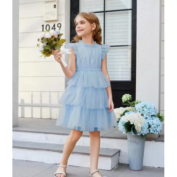 GRACE KARIN Girl Summer Ruffle Dress Birthday Party Tiered Tulle Dress Size 512Light Blue