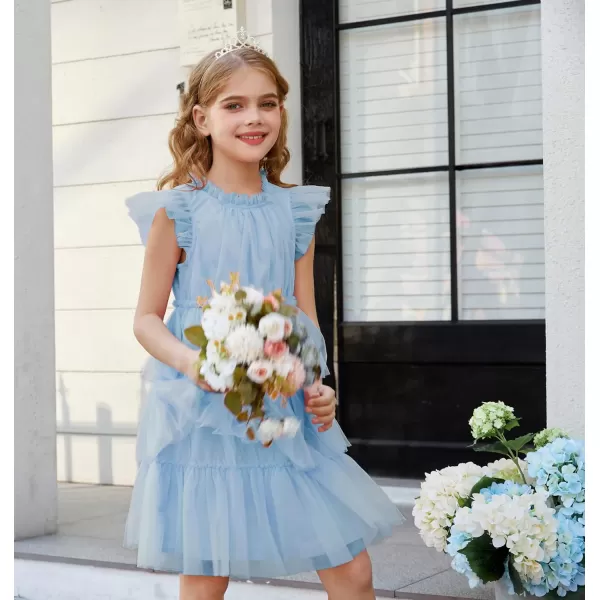 GRACE KARIN Girl Summer Ruffle Dress Birthday Party Tiered Tulle Dress Size 512Light Blue