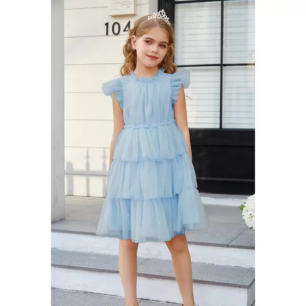 GRACE KARIN Girl Summer Ruffle Dress Birthday Party Tiered Tulle Dress Size 512Light Blue