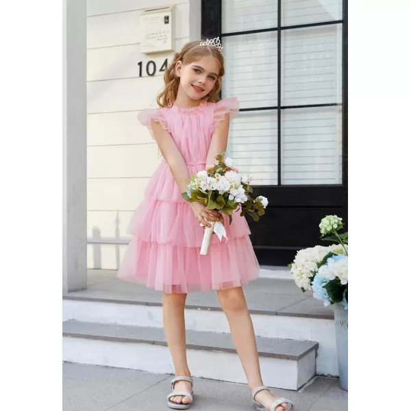 GRACE KARIN Girl Summer Ruffle Dress Birthday Party Tiered Tulle Dress Size 512Pink