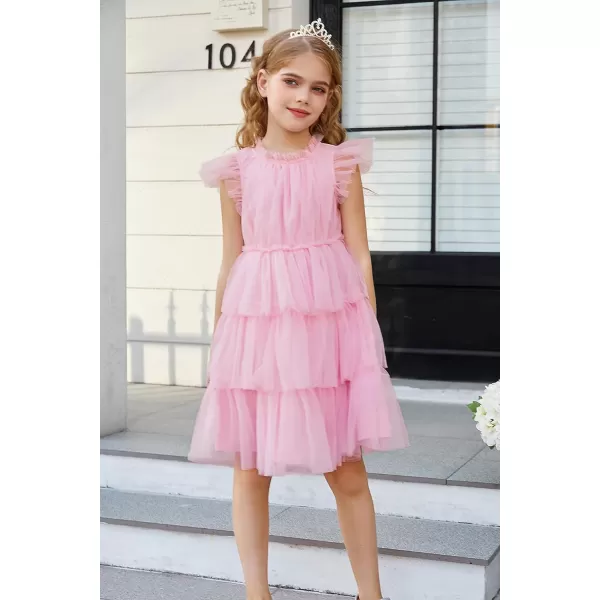 GRACE KARIN Girl Summer Ruffle Dress Birthday Party Tiered Tulle Dress Size 512Pink