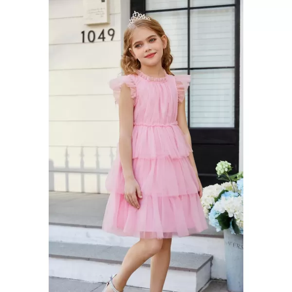 GRACE KARIN Girl Summer Ruffle Dress Birthday Party Tiered Tulle Dress Size 512Pink