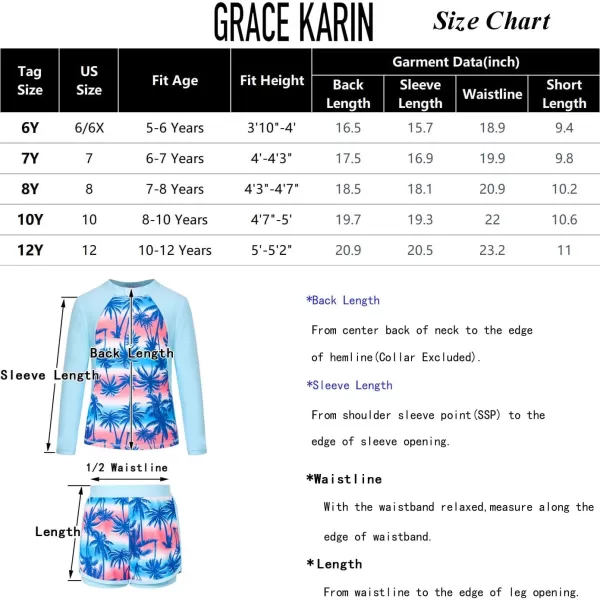 GRACE KARIN Girls 2Piece Rash Guard Set Long Sleeve Swimwear with Hairband 512YBlue