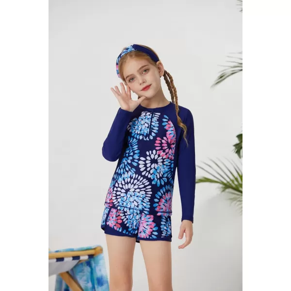 GRACE KARIN Girls 2Piece Rash Guard Set Long Sleeve Swimwear with Hairband 512YNavy