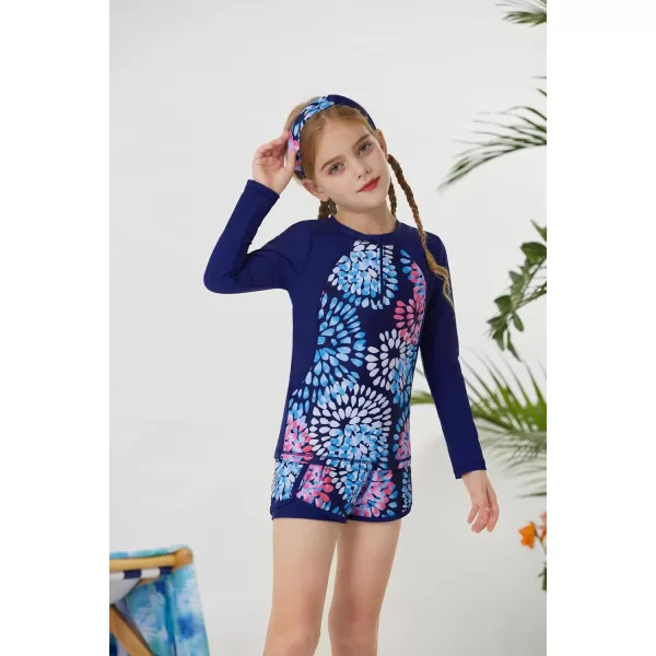 GRACE KARIN Girls 2Piece Rash Guard Set Long Sleeve Swimwear with Hairband 512YNavy