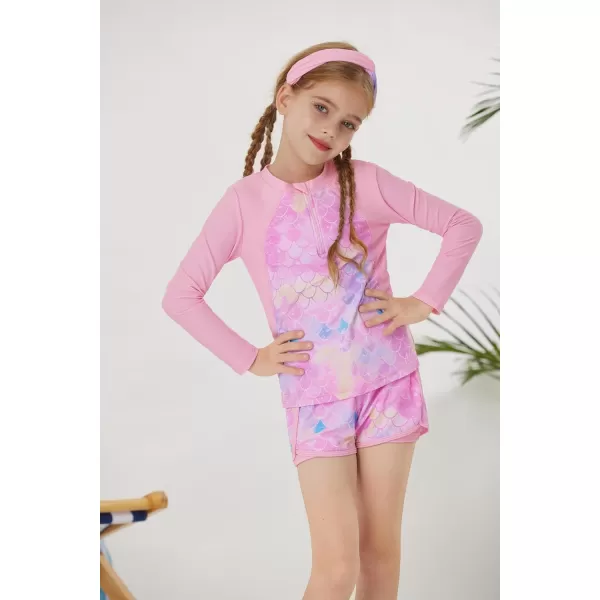 GRACE KARIN Girls 2Piece Rash Guard Set Long Sleeve Swimwear with Hairband 512YPink