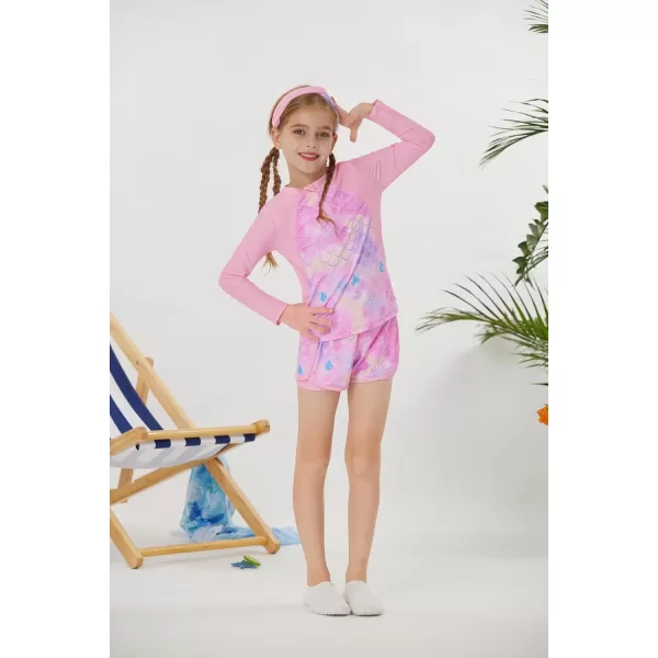 GRACE KARIN Girls 2Piece Rash Guard Set Long Sleeve Swimwear with Hairband 512YPink