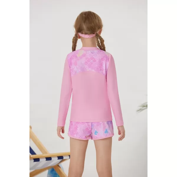 GRACE KARIN Girls 2Piece Rash Guard Set Long Sleeve Swimwear with Hairband 512YPink