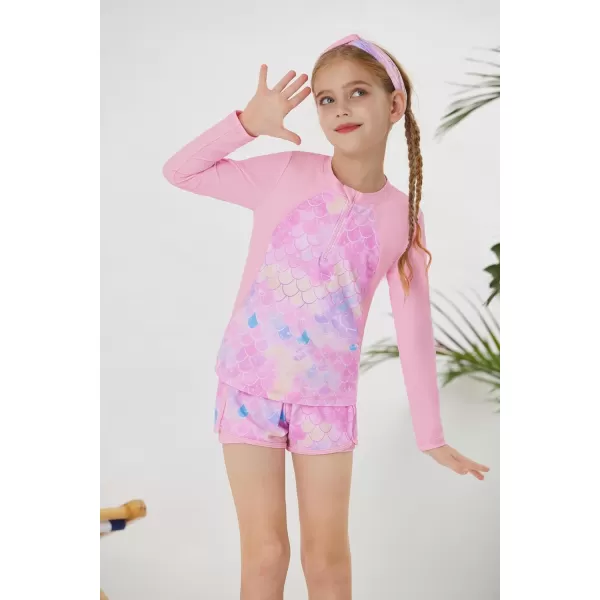 GRACE KARIN Girls 2Piece Rash Guard Set Long Sleeve Swimwear with Hairband 512YPink