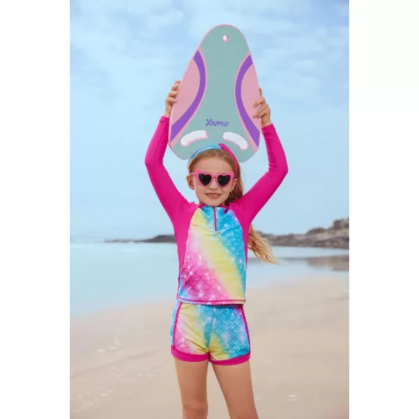 GRACE KARIN Girls 2Piece Rash Guard Set Long Sleeve Swimwear with Hairband 512YRose Red