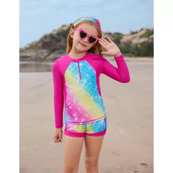 GRACE KARIN Girls 2Piece Rash Guard Set Long Sleeve Swimwear with Hairband 512YRose Red