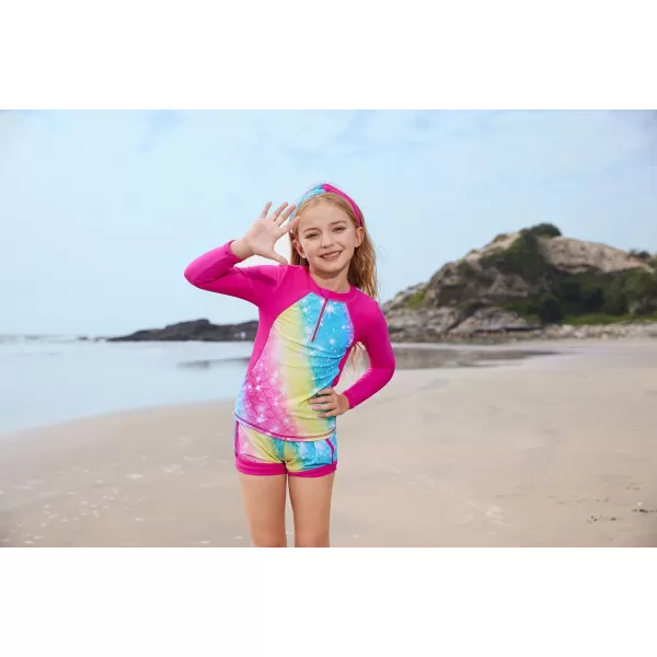 GRACE KARIN Girls 2Piece Rash Guard Set Long Sleeve Swimwear with Hairband 512YRose Red