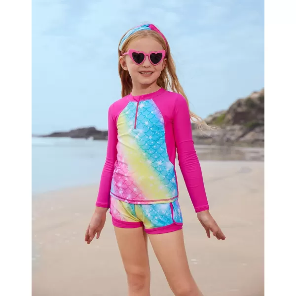 GRACE KARIN Girls 2Piece Rash Guard Set Long Sleeve Swimwear with Hairband 512YRose Red