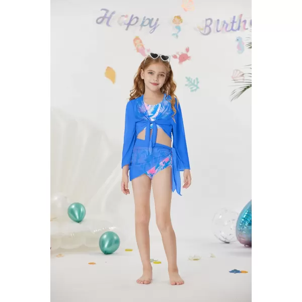 GRACE KARIN Girls 4 Piece Bathing Suit Taniki Swimsuit Tie Front Bikini Set with Kimono Cover Up 614Bluecoconut