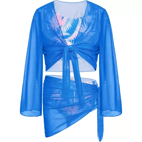 GRACE KARIN Girls 4 Piece Bathing Suit Taniki Swimsuit Tie Front Bikini Set with Kimono Cover Up 614Bluecoconut