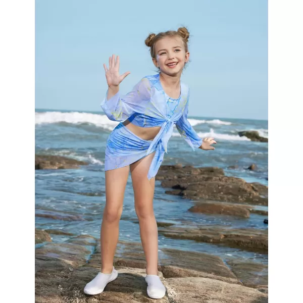 GRACE KARIN Girls 4 Piece Bathing Suit Taniki Swimsuit Tie Front Bikini Set with Kimono Cover Up 614Bluepurple