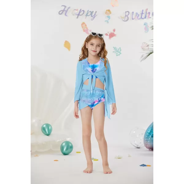 GRACE KARIN Girls 4 Piece Bathing Suit Taniki Swimsuit Tie Front Bikini Set with Kimono Cover Up 614Light Bluecoconut