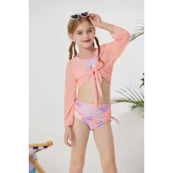 GRACE KARIN Girls 4 Piece Bathing Suit Taniki Swimsuit Tie Front Bikini Set with Kimono Cover Up 614Light Pink