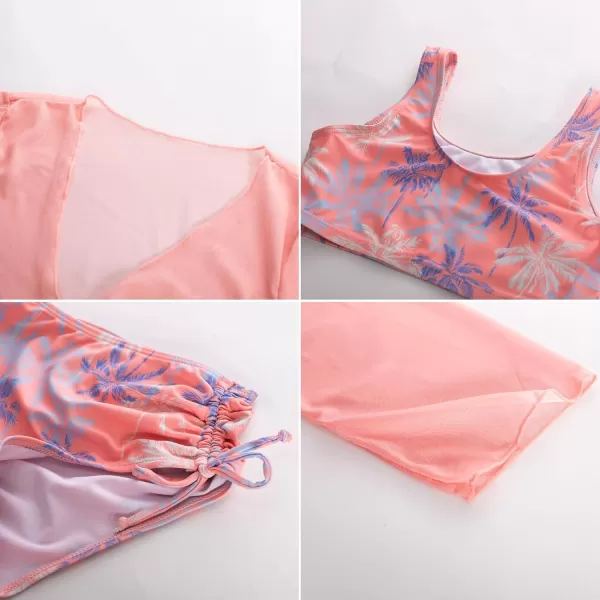 GRACE KARIN Girls 4 Piece Bathing Suit Taniki Swimsuit Tie Front Bikini Set with Kimono Cover Up 614Light Pink