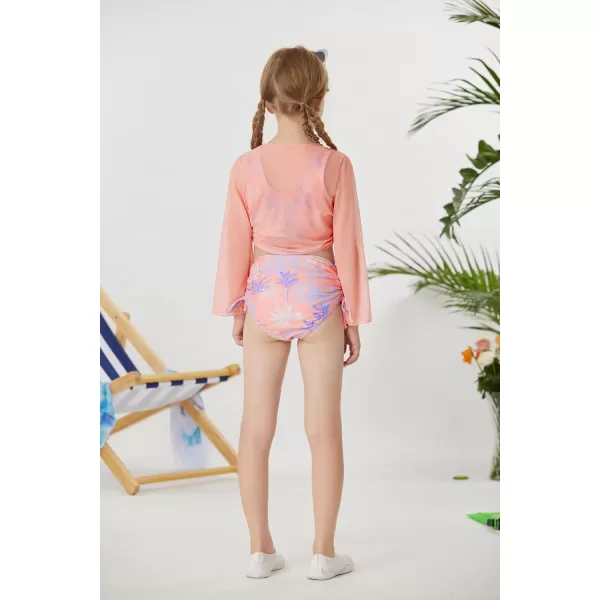 GRACE KARIN Girls 4 Piece Bathing Suit Taniki Swimsuit Tie Front Bikini Set with Kimono Cover Up 614Light Pink