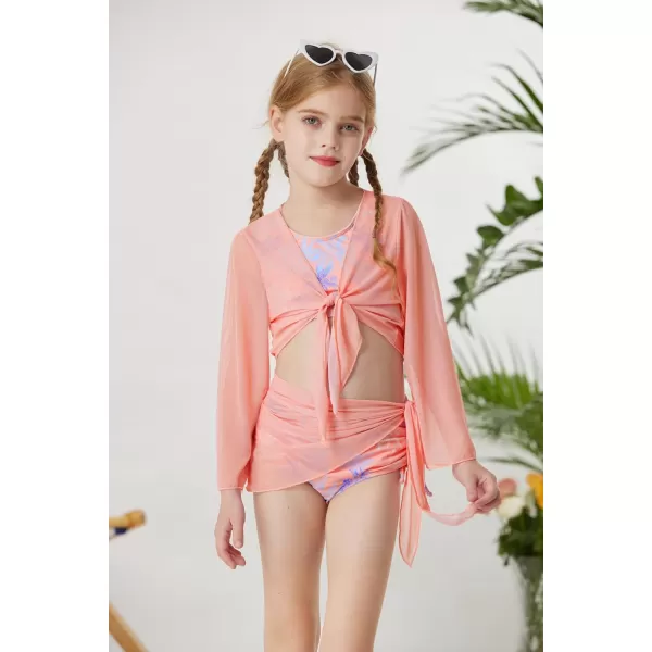 GRACE KARIN Girls 4 Piece Bathing Suit Taniki Swimsuit Tie Front Bikini Set with Kimono Cover Up 614Light Pink