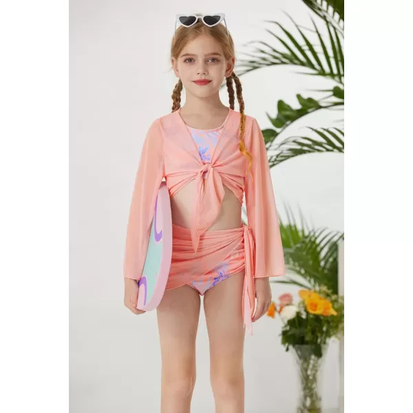 GRACE KARIN Girls 4 Piece Bathing Suit Taniki Swimsuit Tie Front Bikini Set with Kimono Cover Up 614Light Pink
