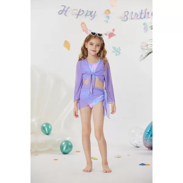 GRACE KARIN Girls 4 Piece Bathing Suit Taniki Swimsuit Tie Front Bikini Set with Kimono Cover Up 614Purplemermaid