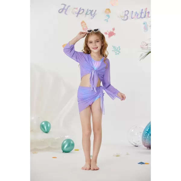 GRACE KARIN Girls 4 Piece Bathing Suit Taniki Swimsuit Tie Front Bikini Set with Kimono Cover Up 614Purplemermaid