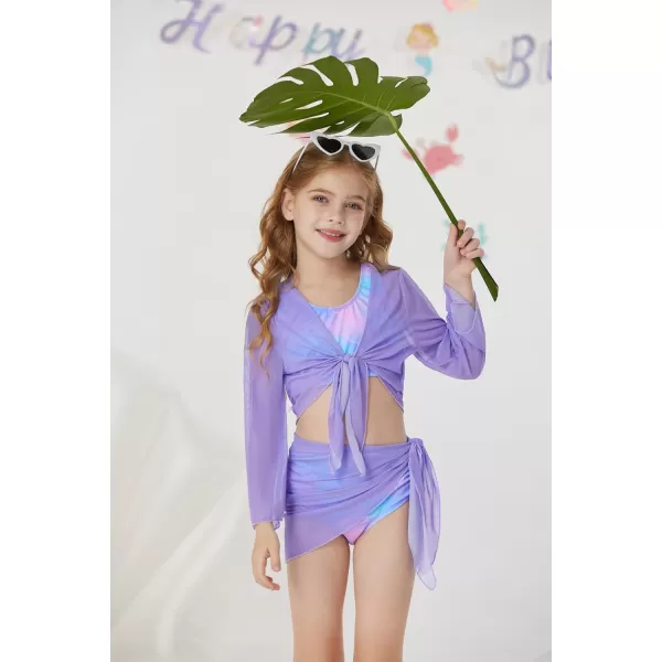 GRACE KARIN Girls 4 Piece Bathing Suit Taniki Swimsuit Tie Front Bikini Set with Kimono Cover Up 614Purplemermaid