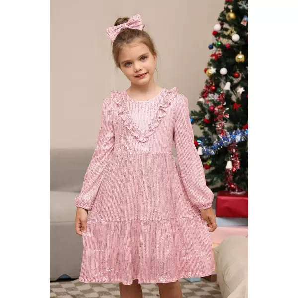 GRACE KARIN Girls ALine Sequin Dress Long Sleeves Girls Party Dress with Hair BowPink