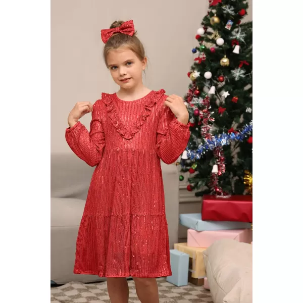 GRACE KARIN Girls ALine Sequin Dress Long Sleeves Girls Party Dress with Hair BowRed