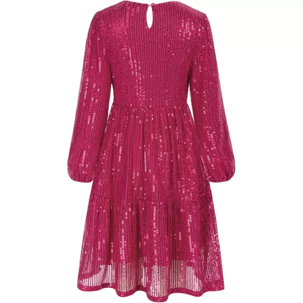 GRACE KARIN Girls ALine Sequin Dress Long Sleeves Girls Party Dress with Hair BowRose Red