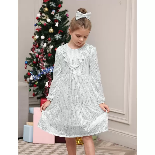 GRACE KARIN Girls ALine Sequin Dress Long Sleeves Girls Party Dress with Hair BowSilver