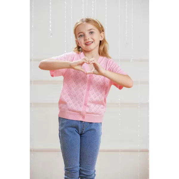 GRACE KARIN Girls Cardigan Love Heart Sweater Short Sleeve HollowedOut Knitwear Open Front Dress Cover Up 512YPink