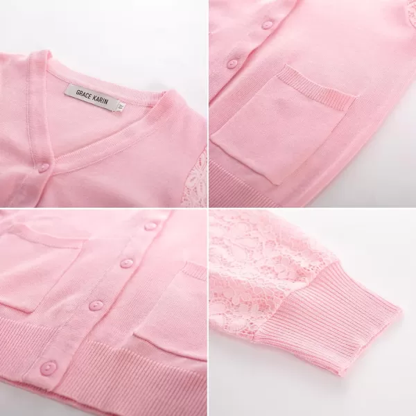 GRACE KARIN Girls Cardigan School Uniforms Hollow Knit Long Sleeve Button Sweater for 512YLight Pink 1