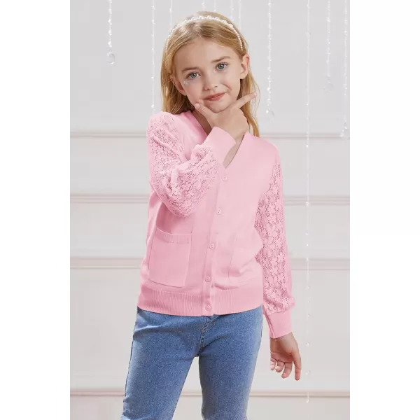 GRACE KARIN Girls Cardigan School Uniforms Hollow Knit Long Sleeve Button Sweater for 512YLight Pink 1